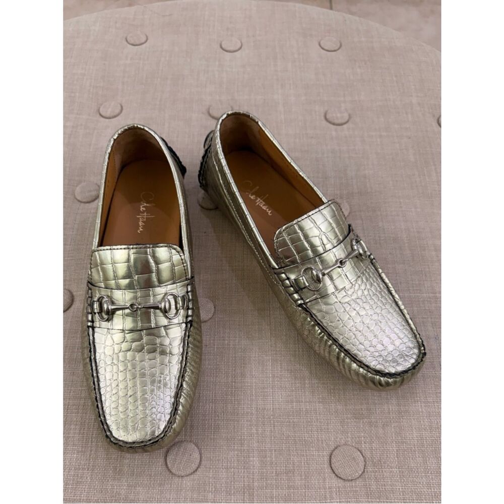 Cole Haan Metallic Gold Croc-Embossed Bit Loafers